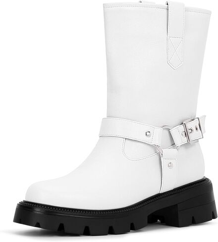 Women's Chunky Heel Round Toe Mid Calf Boots Buckle Strap Platform Biker Boots in Saudi Arabia