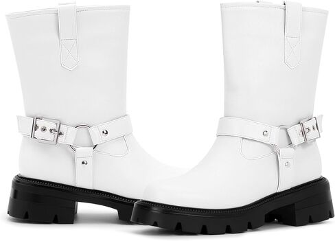 Women's Chunky Heel Round Toe Mid Calf Boots Buckle Strap Platform Biker Boots in Saudi Arabia