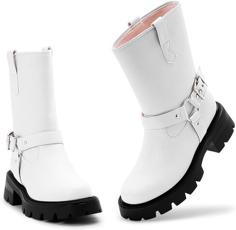 Women's Chunky Heel Round Toe Mid Calf Boots Buckle Strap Platform Biker Boots in Saudi Arabia