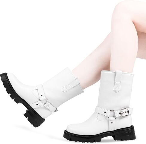 Women's Chunky Heel Round Toe Mid Calf Boots Buckle Strap Platform Biker Boots in Saudi Arabia