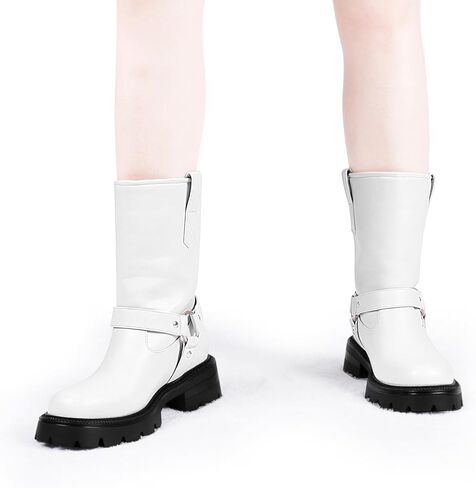 Women's Chunky Heel Round Toe Mid Calf Boots Buckle Strap Platform Biker Boots in Saudi Arabia
