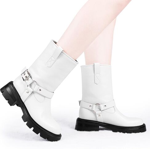 Women's Chunky Heel Round Toe Mid Calf Boots Buckle Strap Platform Biker Boots in Saudi Arabia