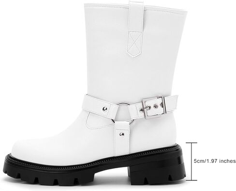 Women's Chunky Heel Round Toe Mid Calf Boots Buckle Strap Platform Biker Boots in Saudi Arabia