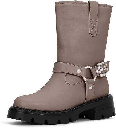 Women's Chunky Heel Round Toe Mid Calf Boots Buckle Strap Platform Biker Boots in Saudi Arabia