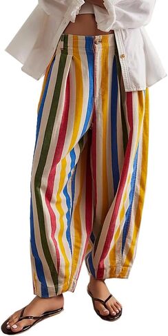Kedera Women Rainbow Stripe Barrel Pants Casual Wide Leg Baggy Pants Mid Waist Boyfriend Y2k Trousers in Saudi Arabia