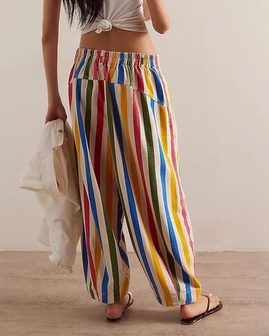 Kedera Women Rainbow Stripe Barrel Pants Casual Wide Leg Baggy Pants Mid Waist Boyfriend Y2k Trousers in Saudi Arabia