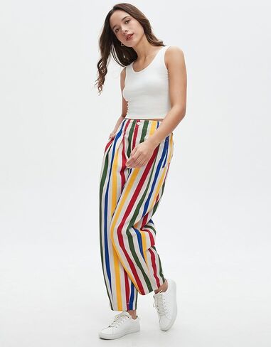Kedera Women Rainbow Stripe Barrel Pants Casual Wide Leg Baggy Pants Mid Waist Boyfriend Y2k Trousers in Saudi Arabia