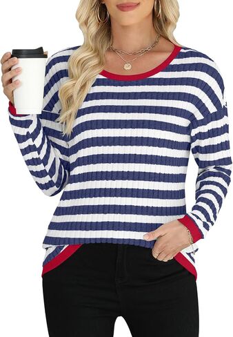 Womens Striped Long Sleeve Tops Casual Fall Crewneck T Shirts Color Block Tunic Sweaters in Saudi Arabia