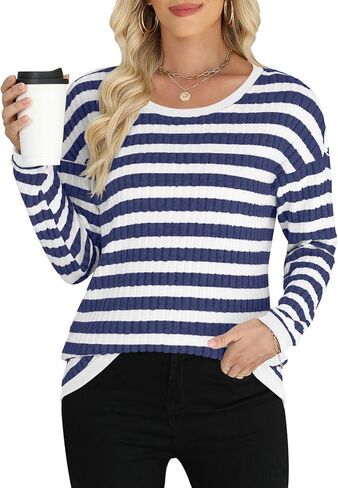 Womens Striped Long Sleeve Tops Casual Fall Crewneck T Shirts Color Block Tunic Sweaters in Kuwait