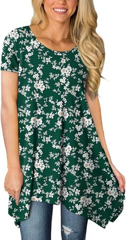 POPYOUNG 2024 Womens Summer Short Sleeve Tunic Tops Casual Swing Blouse Shirt XL, Little Flower-Green in Saudi Arabia