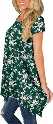 POPYOUNG 2024 Womens Summer Short Sleeve Tunic Tops Casual Swing Blouse Shirt XL, Little Flower-Green in Saudi Arabia