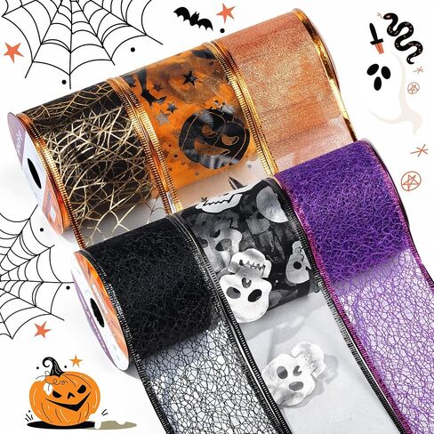 36 ياردة هالوين أشرطة سلكية 2.5 بوصة 6 لفات شريط الهالوين الخفافيش الهيكل العظمي شبكات العنكبوت طباعة الشريط الحرفية شريط تغليف الهدايا المخيف لإكليل القوس صنع ديكور الهالوين بنفسك in Kuwait