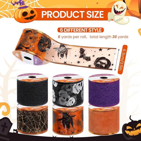 36 ياردة هالوين أشرطة سلكية 2.5 بوصة 6 لفات شريط الهالوين الخفافيش الهيكل العظمي شبكات العنكبوت طباعة الشريط الحرفية شريط تغليف الهدايا المخيف لإكليل القوس صنع ديكور الهالوين بنفسك in Kuwait