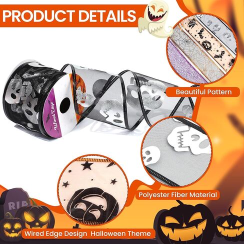 36 ياردة هالوين أشرطة سلكية 2.5 بوصة 6 لفات شريط الهالوين الخفافيش الهيكل العظمي شبكات العنكبوت طباعة الشريط الحرفية شريط تغليف الهدايا المخيف لإكليل القوس صنع ديكور الهالوين بنفسك in Kuwait