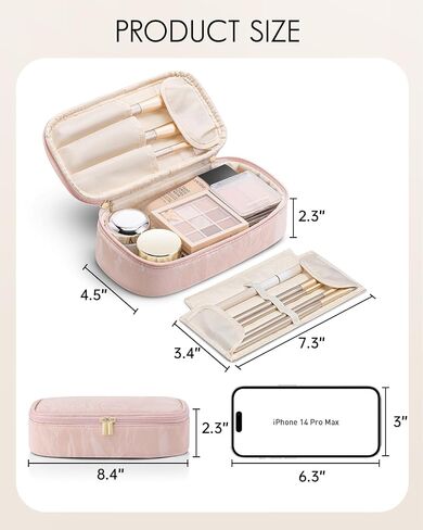 Vlando Travel Makeup Bag,Small Travel Makeup Organizer Bag for Women Portable Make up Cosmetic Bag, Wedding Gift Birthday Gift for Women Girls Purse-Apricot White in Kuwait