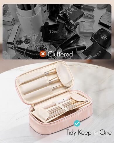 Vlando Travel Makeup Bag,Small Travel Makeup Organizer Bag for Women Portable Make up Cosmetic Bag, Wedding Gift Birthday Gift for Women Girls Purse-Apricot White in Kuwait
