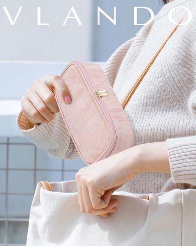 Vlando Travel Makeup Bag,Small Travel Makeup Organizer Bag for Women Portable Make up Cosmetic Bag, Wedding Gift Birthday Gift for Women Girls Purse-Apricot White in Kuwait