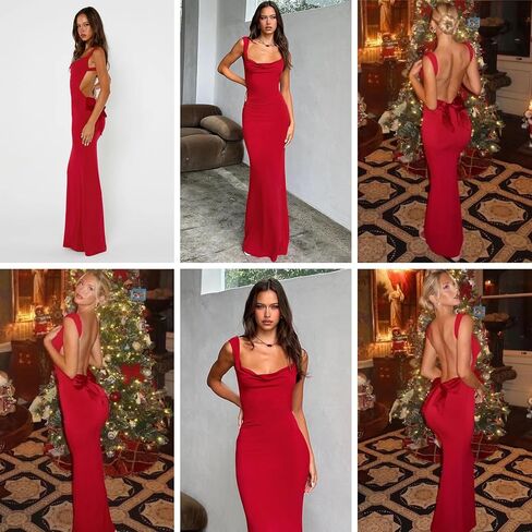 RARITYUS Women’s Elegant Satin Bow Maxi Dress Sexy Cowl Neck Backless Wedding Guest Dress Cocktail Party Evening Gown in Saudi Arabia