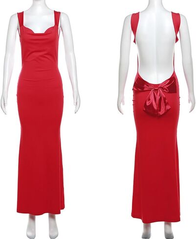 RARITYUS Women’s Elegant Satin Bow Maxi Dress Sexy Cowl Neck Backless Wedding Guest Dress Cocktail Party Evening Gown in Saudi Arabia