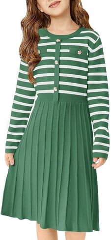 Haloumoning Girls Sweater Dress Knit Long Sleeve Striped A Line Pleated Fall Winter Dresses 5-14 Years in Kuwait