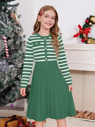 Haloumoning Girls Sweater Dress Knit Long Sleeve Striped A Line Pleated Fall Winter Dresses 5-14 Years in Kuwait