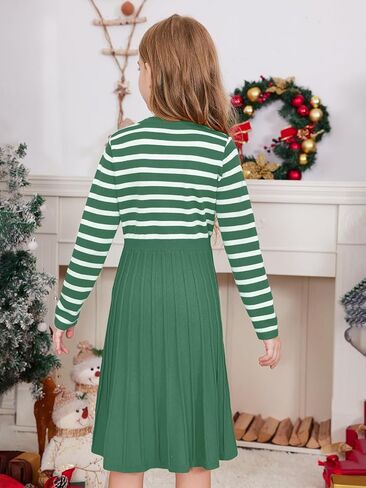 Haloumoning Girls Sweater Dress Knit Long Sleeve Striped A Line Pleated Fall Winter Dresses 5-14 Years in Kuwait