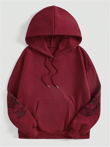 Women's Graphic Hooded Sweatshirt Long Sleeve Drop Shoulder Pullover Hoodies with Pockets in Saudi Arabia