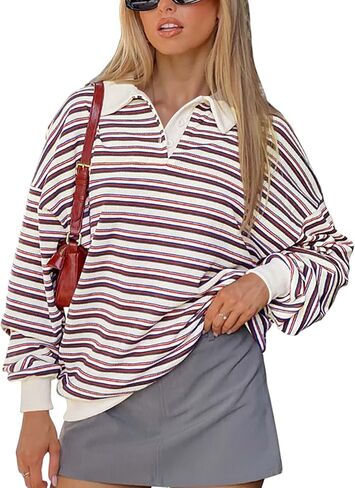 REORIA Oversized Sweatshirt for Women Trendy Fall Fashion 2024 Y2k Striped Long Sleeve Pullover Rugby Shirt Tops Clothes in Saudi Arabia