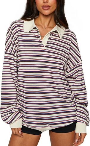 REORIA Oversized Sweatshirt for Women Trendy Fall Fashion 2024 Y2k Striped Long Sleeve Pullover Rugby Shirt Tops Clothes in Saudi Arabia