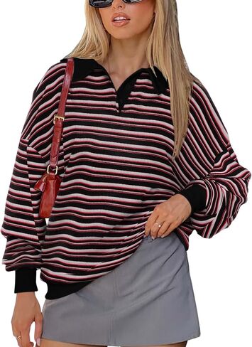 REORIA Oversized Sweatshirt for Women Trendy Fall Fashion 2024 Y2k Striped Long Sleeve Pullover Rugby Shirt Tops Clothes in Saudi Arabia
