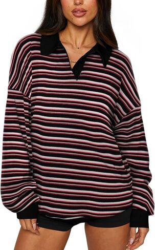 REORIA Oversized Sweatshirt for Women Trendy Fall Fashion 2024 Y2k Striped Long Sleeve Pullover Rugby Shirt Tops Clothes in Saudi Arabia