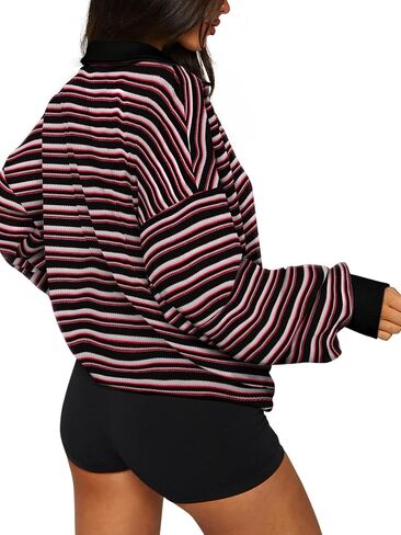REORIA Oversized Sweatshirt for Women Trendy Fall Fashion 2024 Y2k Striped Long Sleeve Pullover Rugby Shirt Tops Clothes in Saudi Arabia