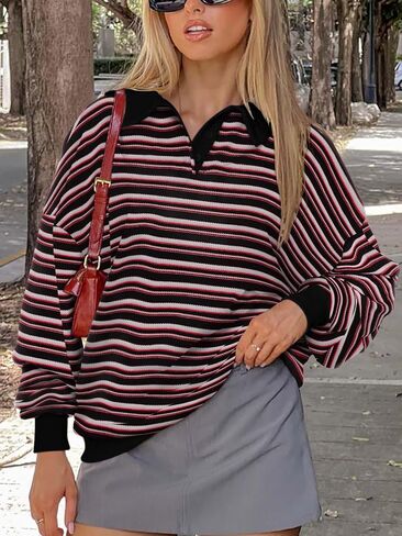 REORIA Oversized Sweatshirt for Women Trendy Fall Fashion 2024 Y2k Striped Long Sleeve Pullover Rugby Shirt Tops Clothes in Saudi Arabia