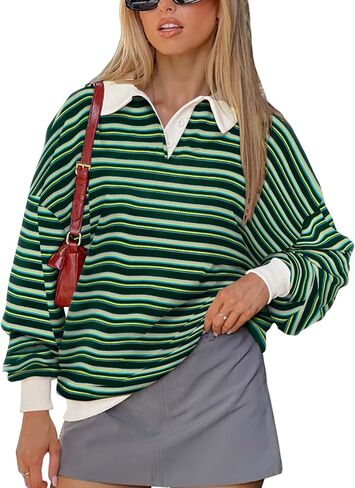 REORIA سترة كبيرة الحجم للنساء موضة خريف عصرية 2024 Y2k مخطط كم طويل بلوفر قميص رجبي ملابس علوية in Kuwait