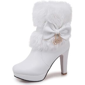 Carkuolary Women's Winter Red Fur Christmas Bow Decor Side Zipper Ankle Boots
