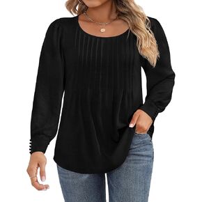 Ficerd Women's Plus Size Puff Long Sleeve Tops Pleated Crew Neck Tunic Shirts Dressy Loose Blouses Fall Winter T-Shirts 1X-5X