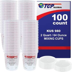 Custom Shop - Full Box Case of 100 Each 64 Ounce Graduated Paint Mixing Cups - Cups are Calibrated with Multiple Mixing Ratios - Also Includes 12 Lids - Cups Hold 80-Ounces Epoxy Resin