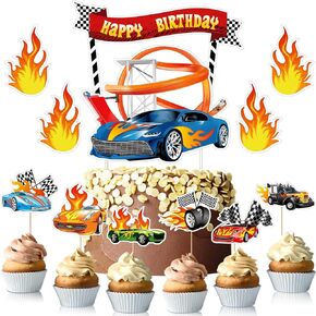 Tinlade 48 Pieces Hot Car Cake Topper Happy Birthday Cupcake Toppers Race Car Cake Decoration Checkered Flag Fire Theme Birthday Party Supplies for Boys Girls Game Party Favors