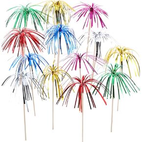 Tecunite 100 Pieces Firework Cupcake Toppers Foil Frill Toothpicks Holiday Cake Decorations 9 Inch Food Picks for Graduation Halloween Party Favors Supplies, Multicolored