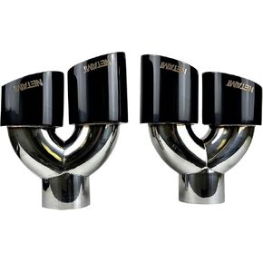 NETAMI 3" Inlet to 4" Quad Staggered Outlet Stainless Steel Exhaust Tip Double Wall Side Exit Chrome Polish A Pair
