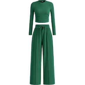 BTFBM Casual 2 Piece Sets For Women Fall Outfits Ribbed Knit Long Sleeve Crop Top Wide Leg Pants Matching Lounge Set(Solid Dark Green, Large)