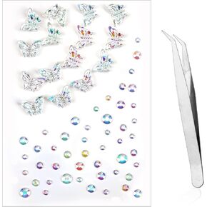 Rhinestone Stickers, 15pcs Aurora Butterfly & 45pcs Round Diamond Face Gemstone Stickers for Crafts with Tweezers Butterfly Face Gem Jewel Stickers for Face Nail Phone Decoration Supplies