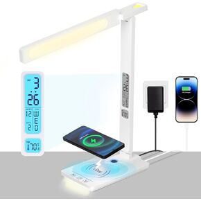 LED Desk Lamp with Wireless Charger: Smart Desk lamp - USB Charging Port, 5-Level Brightness & Color Dimmable, Clock, Alarm, Timer, Date, Temperature. Table Lights for Study Reading Home Office