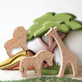 Wooden Animal Toys, Handmade Wooden Safari for Toddler, Eco Friendly Toys for Kids,Preschool Montessori Toy 3 Pieces Set - Lion, Giraffe, Zebra