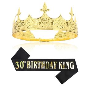 CIEHER King Crown & 30th Birthday Sash for Men，30th Birthday Crowns for Men Vintage Baroque Crown King Tiara 30th Birthday King Crown, 30th Birthday Gifts For Men, 30th Birthday Decorations Men