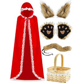 Xtinmee 5 Pcs Halloween Couple Costume 2024 Red Riding Hood Costume with Picnic Basket and Wolf Costume Wolf Ear Tail and Hoodie Gloves for Halloween Women Men Costume