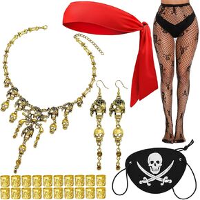RechicGu Women Pirate Role Play Costume Accessory Set Halloween Crusie Pirate Night Party Headband Eyepatch Skull Stocking