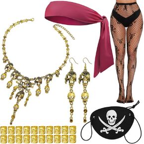 RechicGu Women Pirate Role Play Costume Accessory Set Halloween Crusie Pirate Night Party Headband Eyepatch Skull Stocking