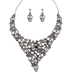 Halloween Gothic Skull Skeleton Collar Statement Necklace Dangle Earring Costumes Cosplay Accessories Jewelry Set for Women