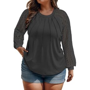 Women's Plus Size Tops Fashion Lace Long Sleeve Shirts Casual Fall Knitted Tunics Dressy Going Out Crewneck Blouses XL-5XL